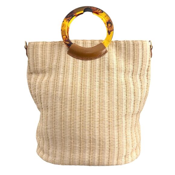 Hobo Sheila Raffia Circle Handle Tote Bag Straw Woven Tortoise Ring Handles - Picture 3 of 9